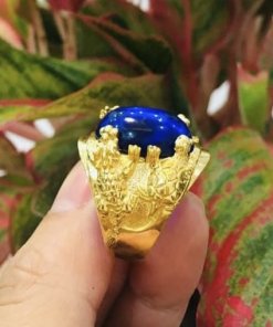 nhẫn nam tứ linh long lân quy phụng vàng 18k đính sapphire xanh