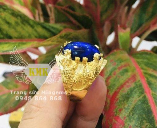 nhẫn nam tứ linh long lân quy phụng vàng 18k đính sapphire xanh