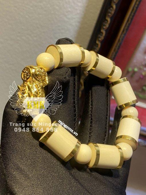 vòng tay tỳ hưu vàng 18k gắn ngọc bích trắng