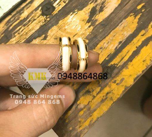 nhẫn cặp lông đuôi voi vàng 18k ốp bạch ngọc trắng