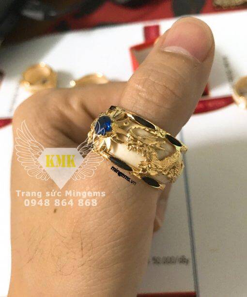 nhẫn nam vàng 18k hình rồng đính topaz xanh