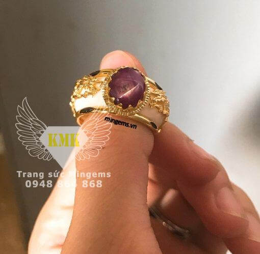 nhẫn nam vàng 18k hình rồng đính ruby sao phi