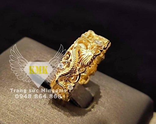 nhẫn đúc rồng phượng vàng 18k đính xoàn 3 ly