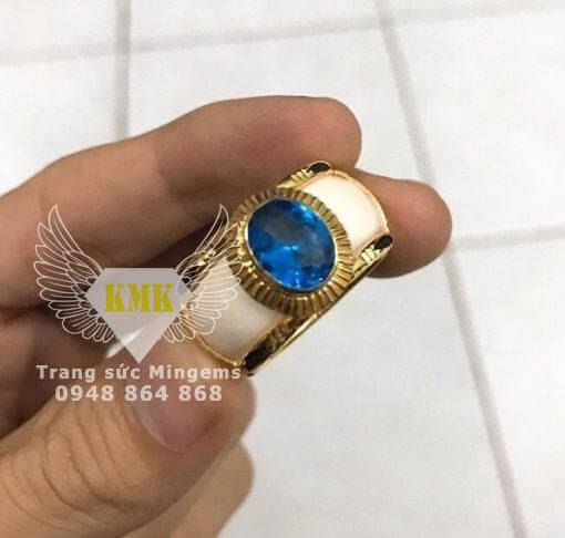 nhẫn nam đá xạnh dương topaz vàng 18k