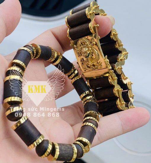 lắc tay trầm hương bọc vàng kiểu mắc xích đồng hổ 18k đính rồng