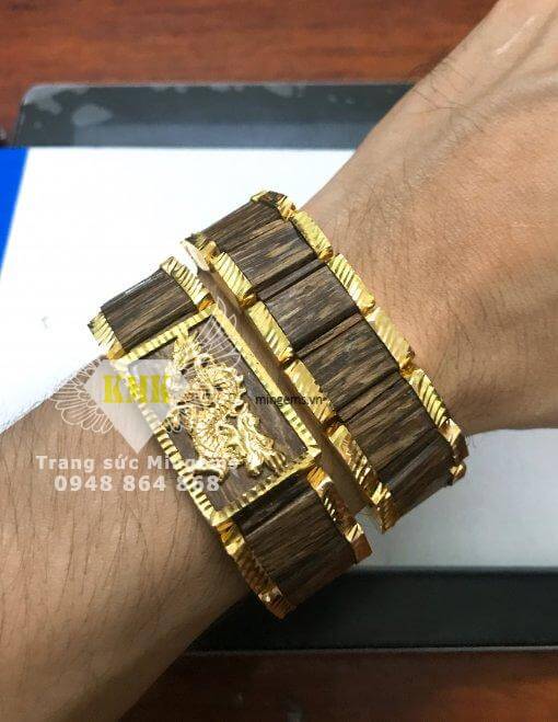 lắc tay trầm hương sánh chìm bọc vàng 18k hình rồng