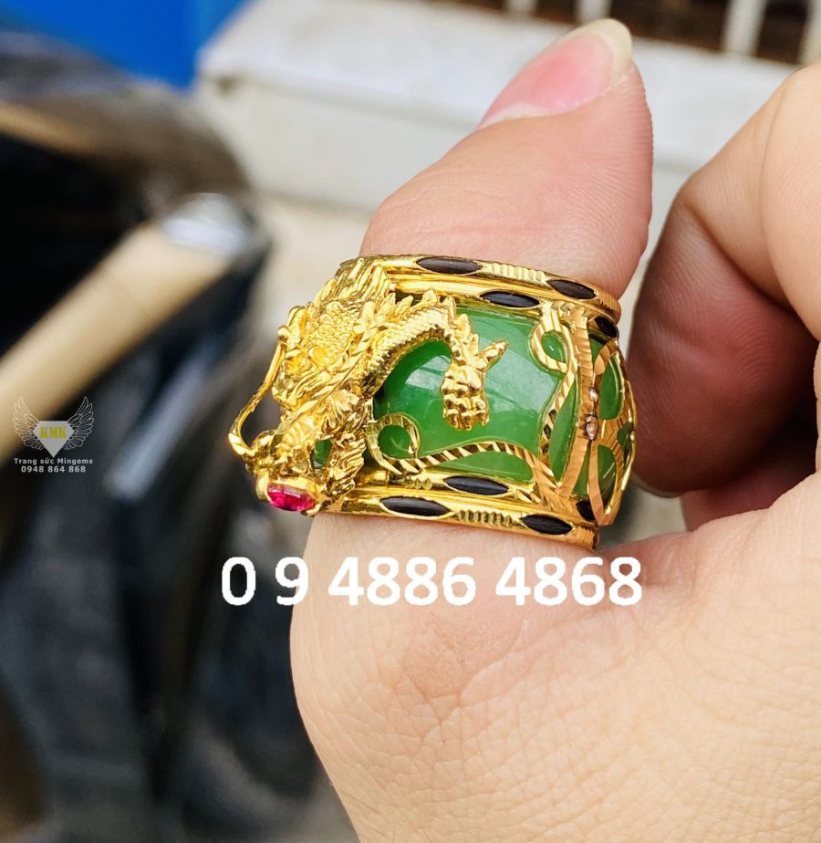 Nhẫn Ngọc Cẩm Thạch Sơn Thủy Bọc Kim Tiền, Vàng 18k (mẫu Bọc ít Vàng) -  Ngọc Bích Phong Thủy