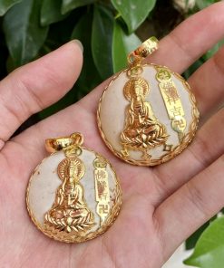 mặt đá dạ minh châu bọc quan âm vàng 18k