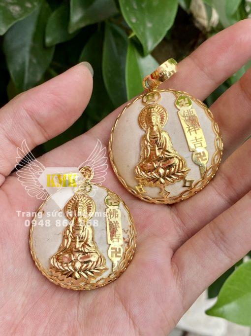 mặt đá dạ minh châu bọc quan âm vàng 18k