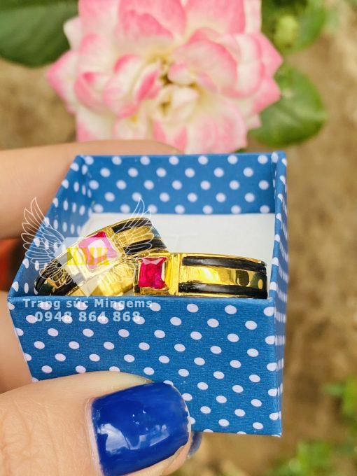 nhẫn cưới cặp lông voi vàng 18k gắn ruby