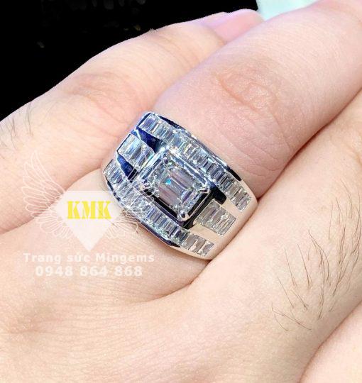 nhẫn kim cương nam mặt chữ nhật vàng trắng 18k