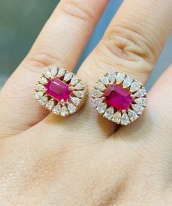 nhẫn nữ ruby hình chữ nhật vàng 18k kép