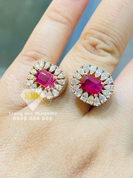 nhẫn nữ ruby hình chữ nhật vàng 18k kép