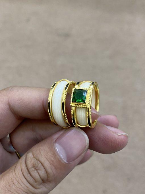 nhẫn ngà bọc vàng 18k đính đá xanh