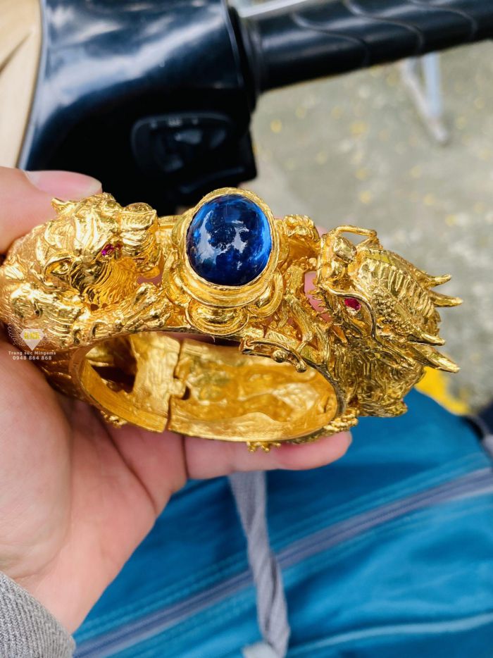 Vòng Tay Rồng Cọp Mạ Vàng 18k Đính Ngọc Xanh Topaz Mệnh Thủy Đỉnh Cao