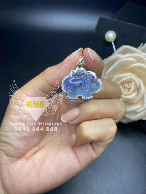 Mặt Dây Chuyền Hình Con Voi Đá Quý Aquamarine Bọc Bạc Đính Đá Tấm Đẹp Phong Thủy Cao