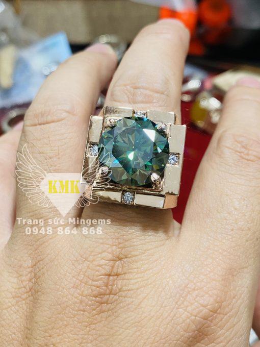 Nhẫn Kim Cương Moissanite Xanh 16ly Siêu Khủng Vàng Hồng VIP Tại Mingems