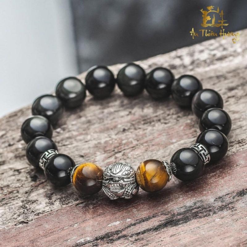 Vòng tay đá phong thủy Obsidian đen mạnh mẽ cho nam giới trung niên